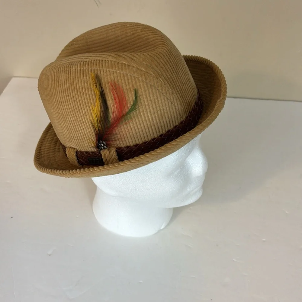 Vintage Tan Corduroy London Fog Feathered Fedora Size 7